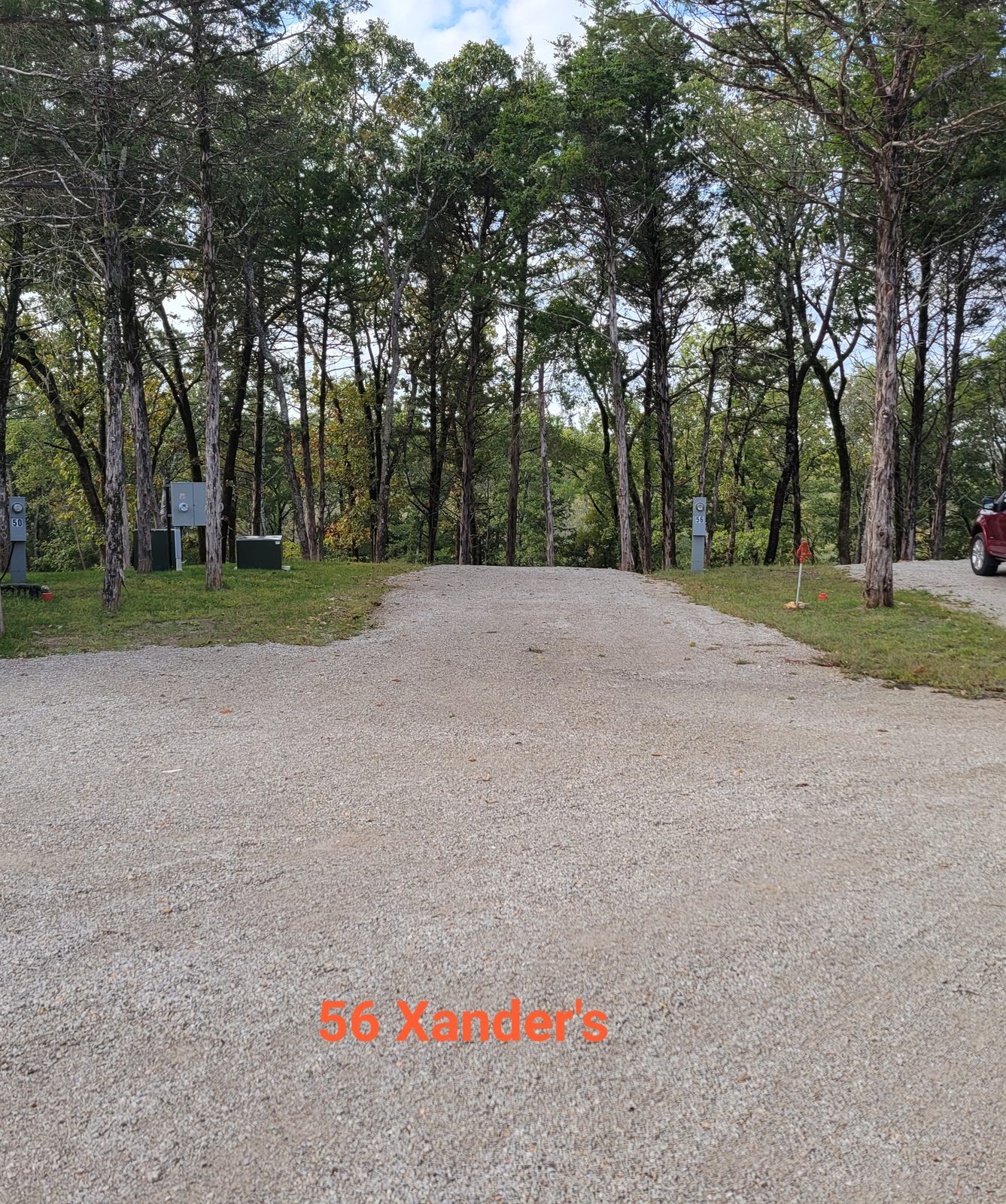 Shaded full-hookup site 56 on Xander's Way.